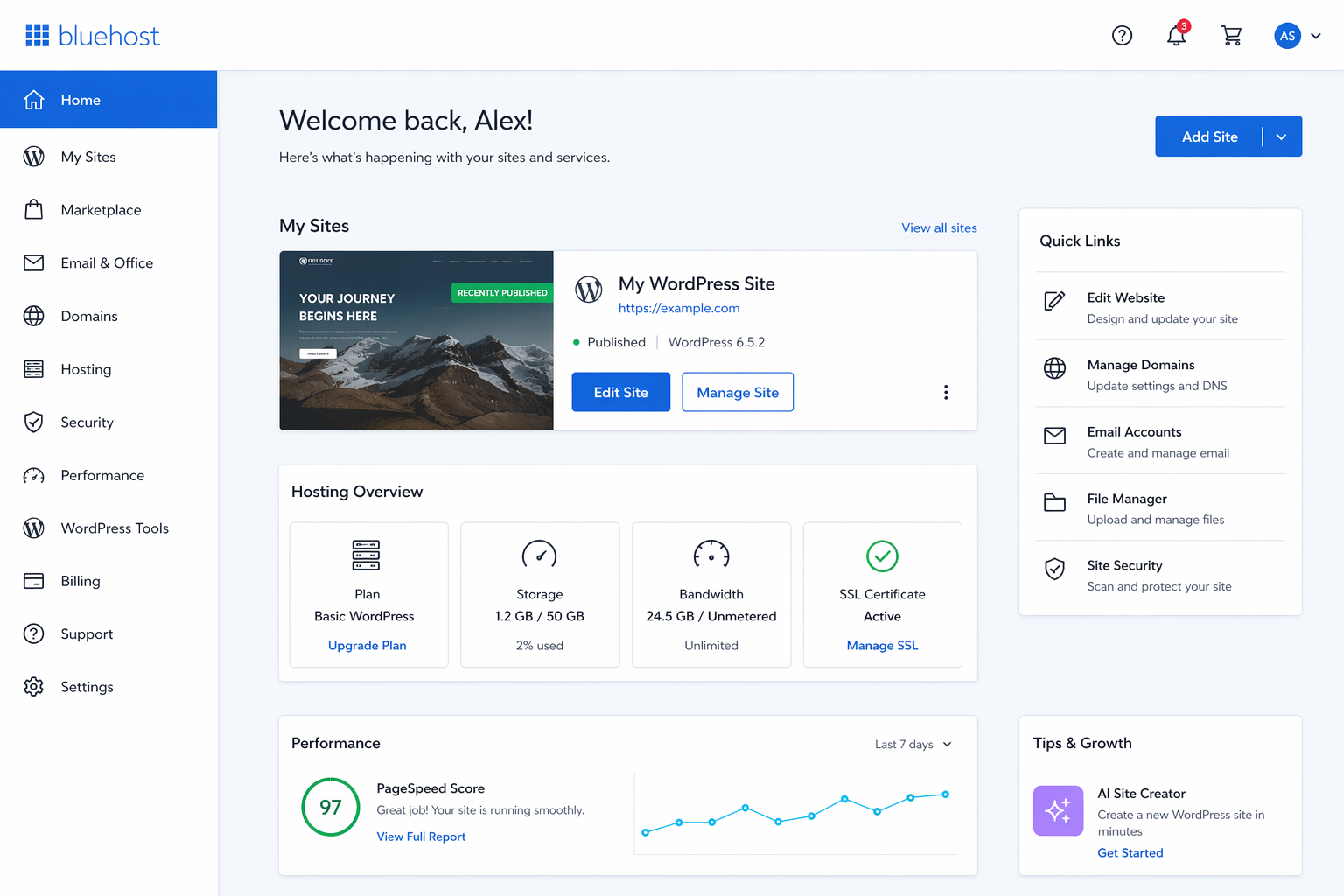 Bluehost WordPress hosting control panel screenshot - April 2026
