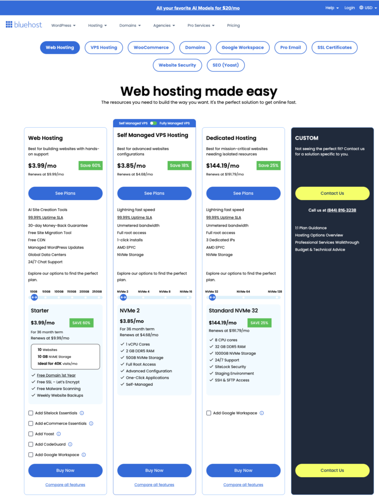 Bluehost pricing page : April 2026
